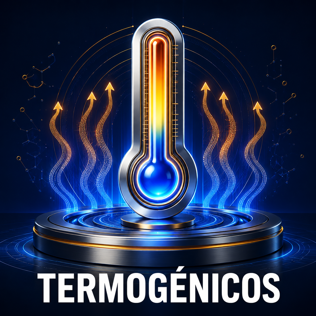 Termómetro iluminado con ondas de calor azules y doradas para la colección Termogénicos de MW International.