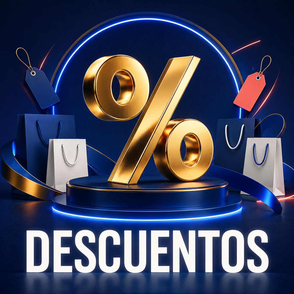 Símbolo dorado de porcentaje y bolsas de compra sobre un escenario azul para la colección Descuentos.