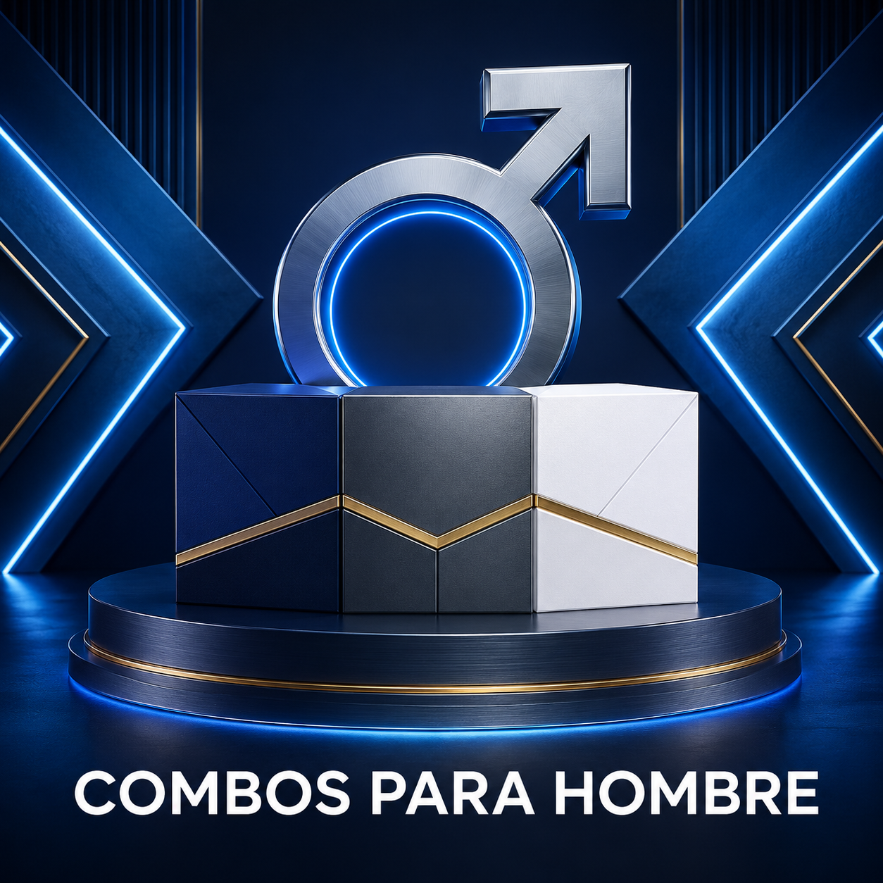 Símbolo masculino iluminado y cajas premium para la colección Combo Quemadores de Grasa para Hombre.