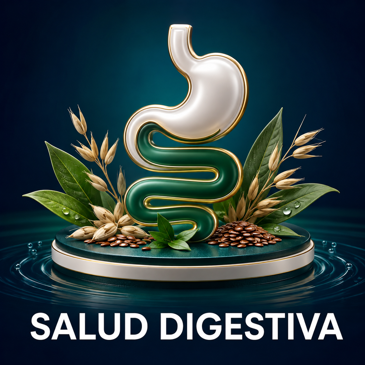 Ilustración de estómago e intestino rodeada de hojas, avena y semillas para la colección Salud Digestiva.