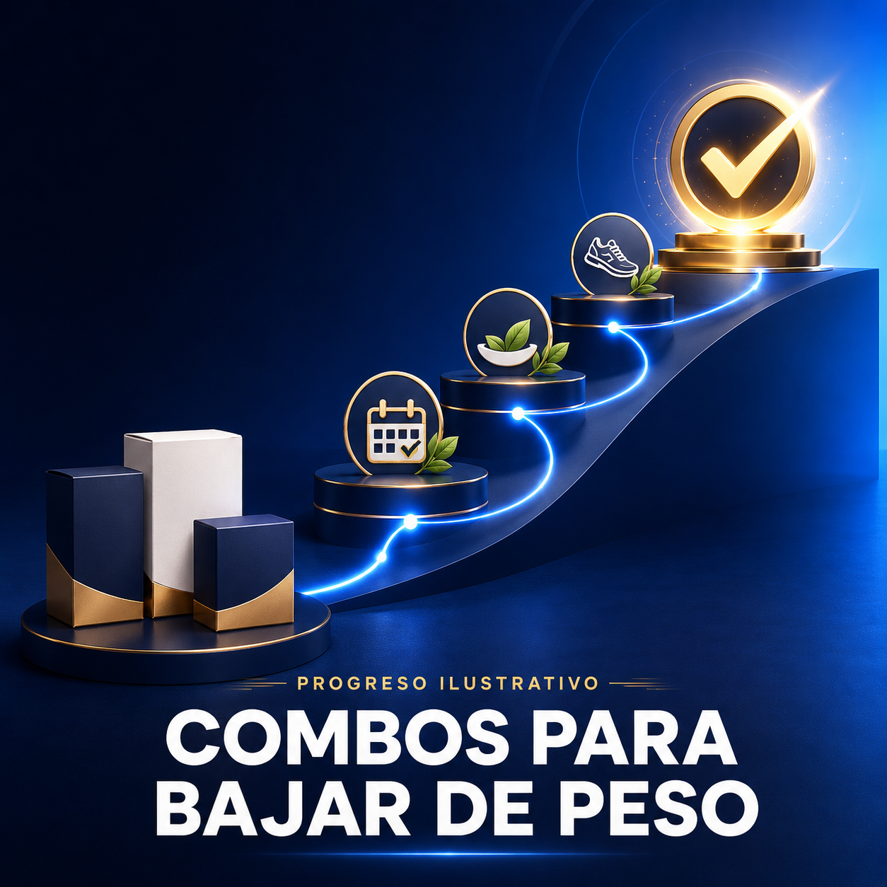Escalera azul ascendente con iconos de hábitos saludables para la colección Combos para Bajar de Peso.