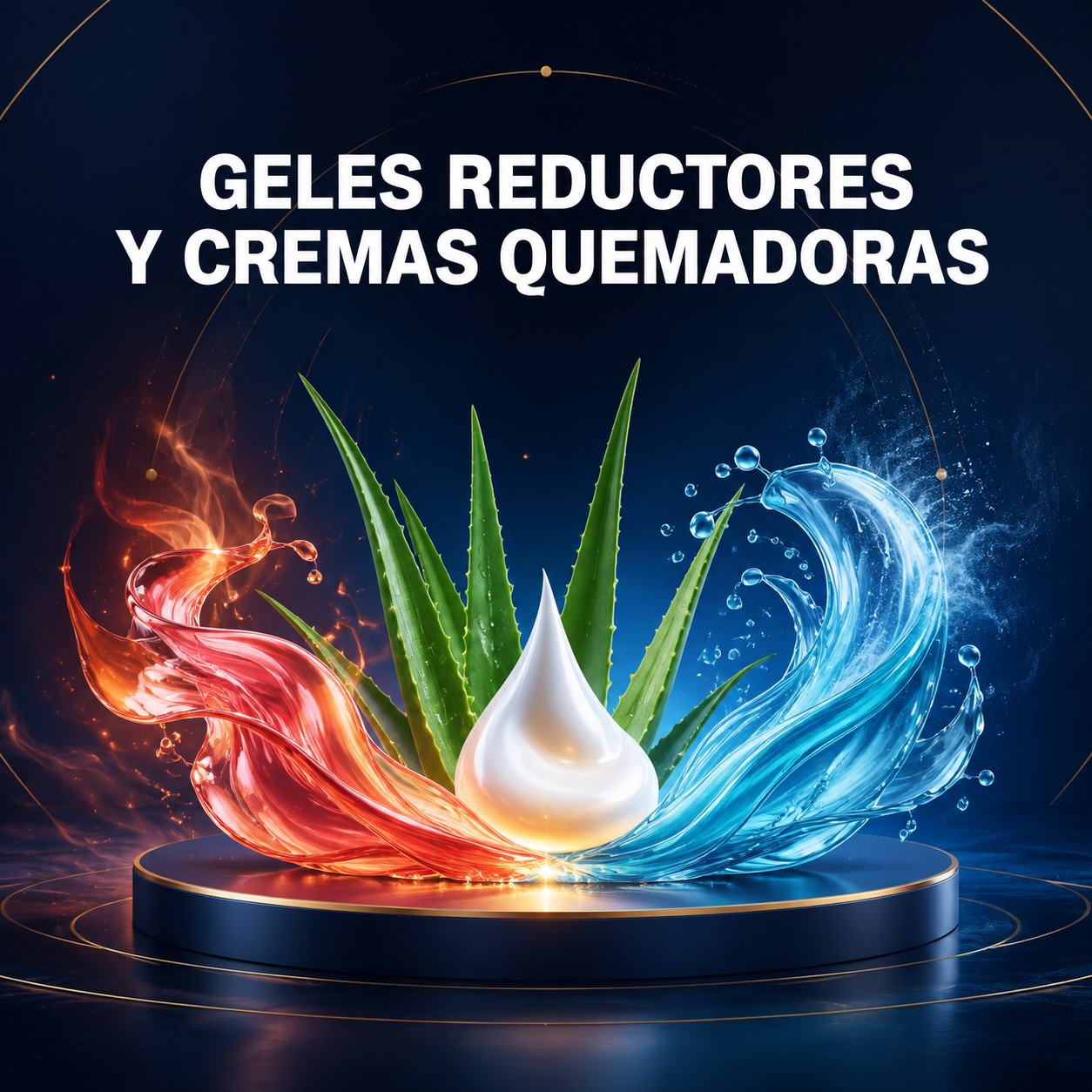 Geles reductores y cremas quemadoras representados con aloe vera, gel frío azul y gel cálido rojo.