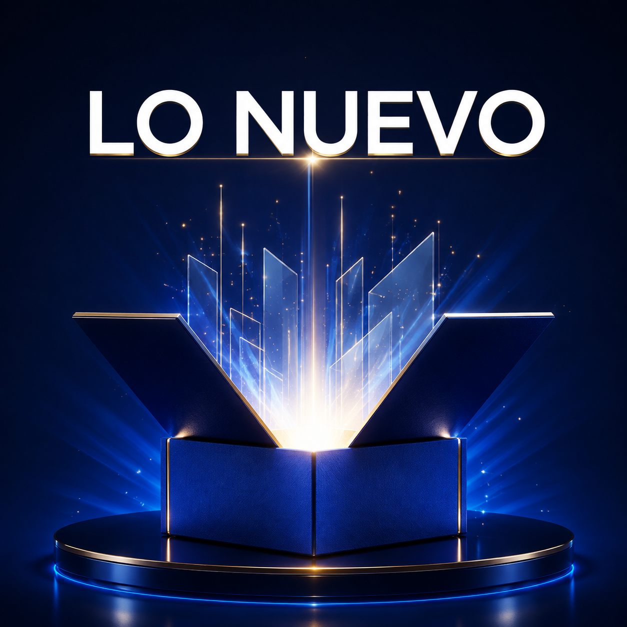 Caja azul abierta con luz y destellos dorados que representa los nuevos productos de MW International.