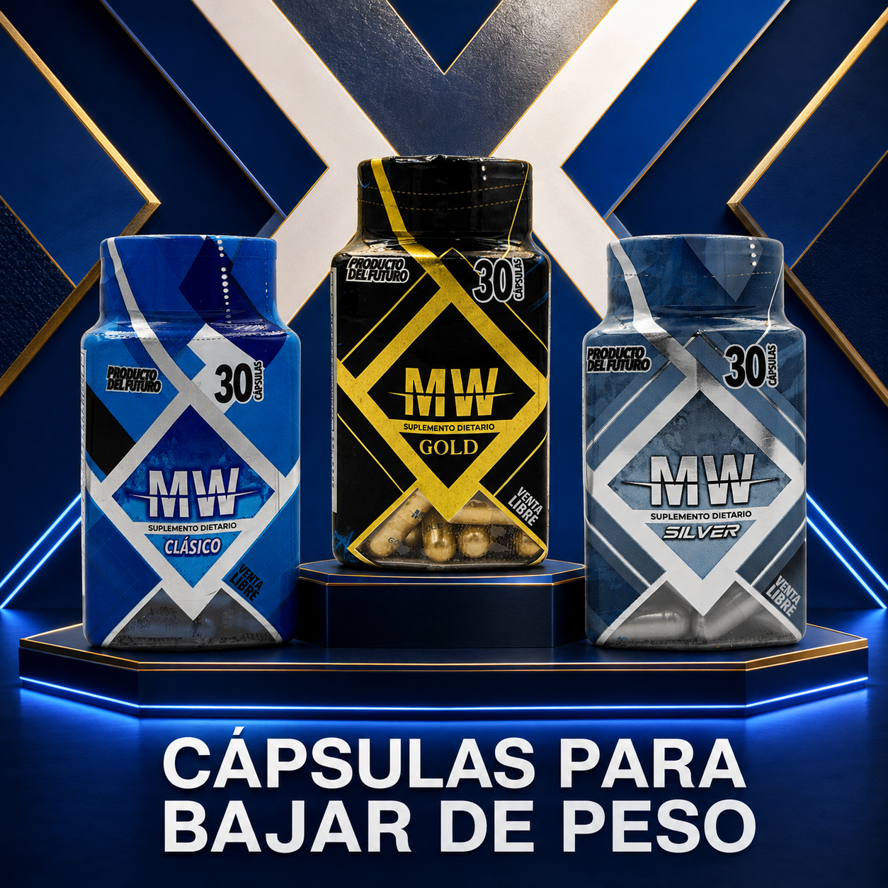 Envases originales de MW Clásico, MW Gold y MW Silver para la colección Cápsulas para Bajar de Peso.