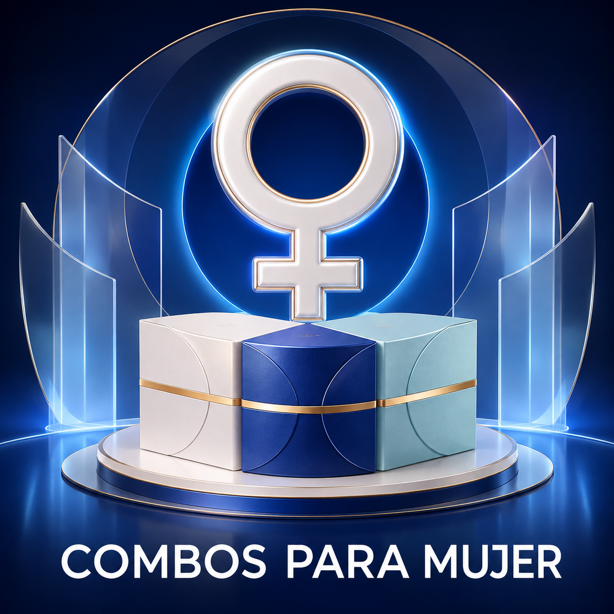 Símbolo femenino iluminado y cajas premium para la colección Combo Quemador de Grasa para Mujer.