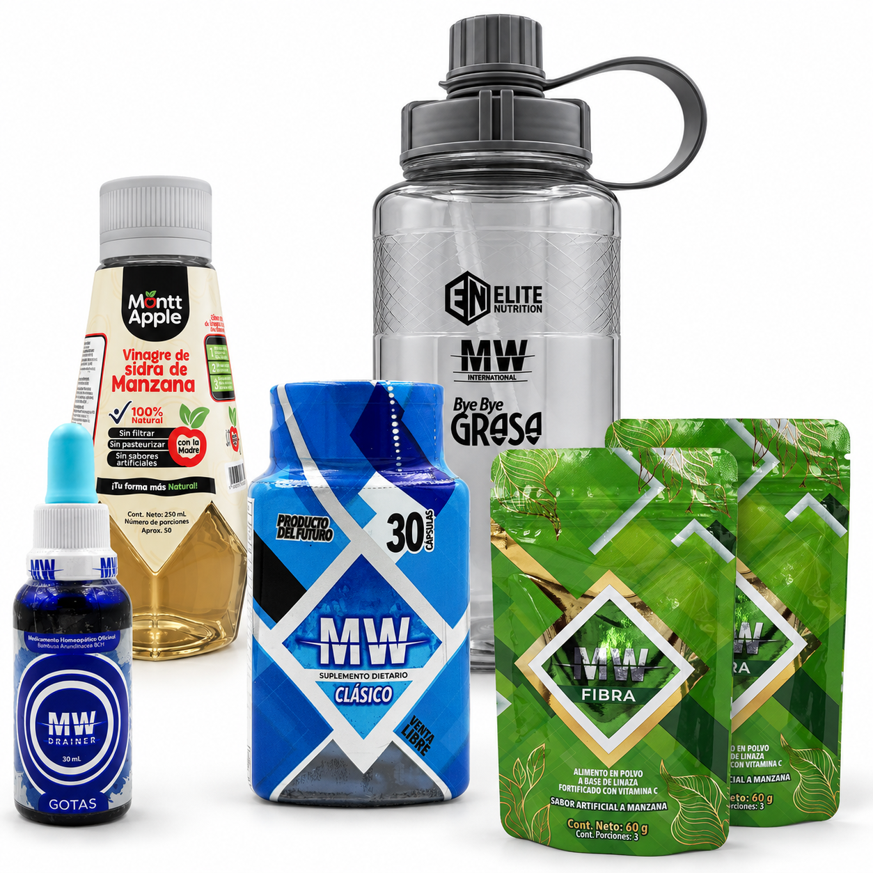 MW Clásico + Drenador MW + vinagre de manzana + sachets de fibra + termo MW