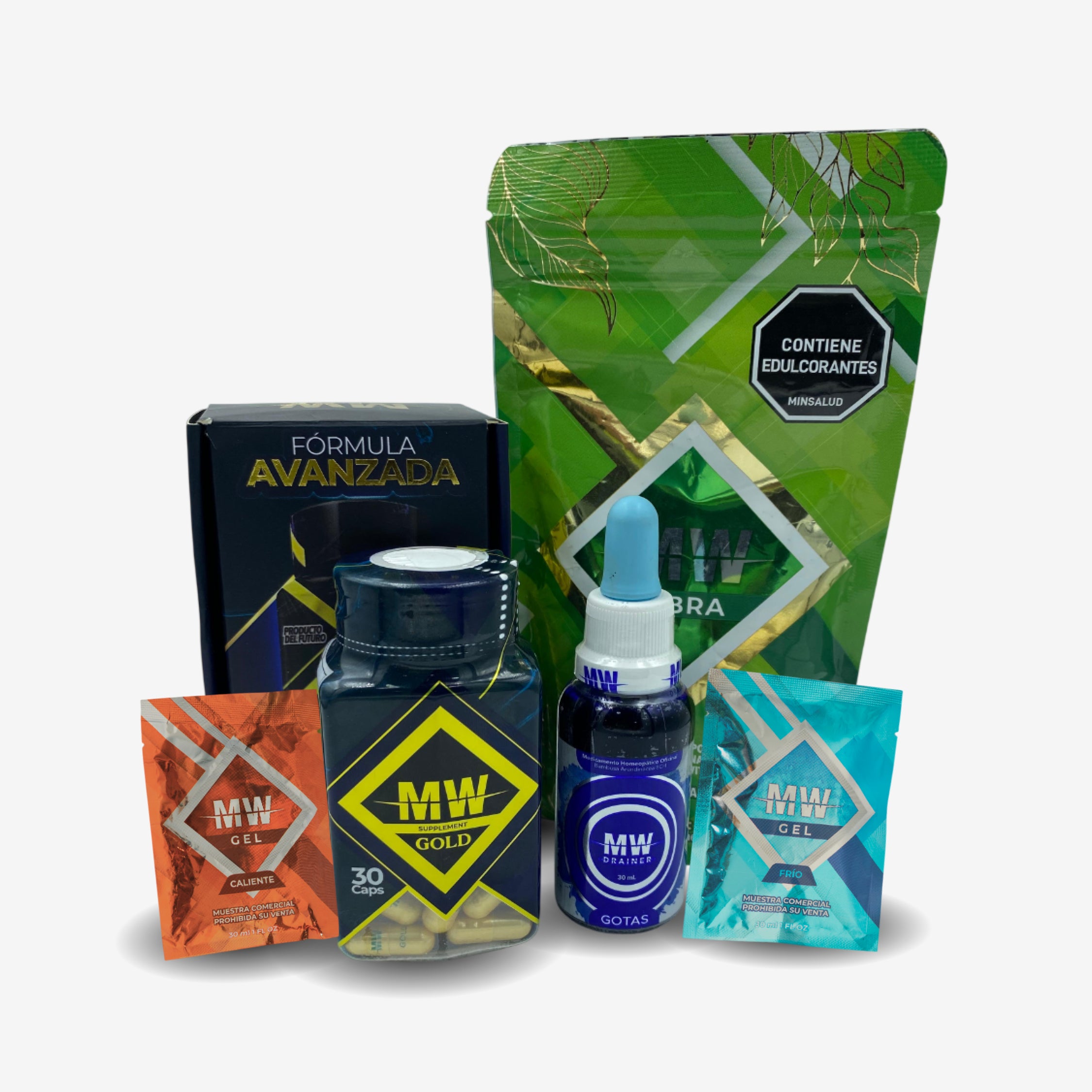 MW GOLD + DRENADOR + GRATIS SACHET FIBRA, SACHET GEL CALIENTE Y SACHET GEL FRIA
