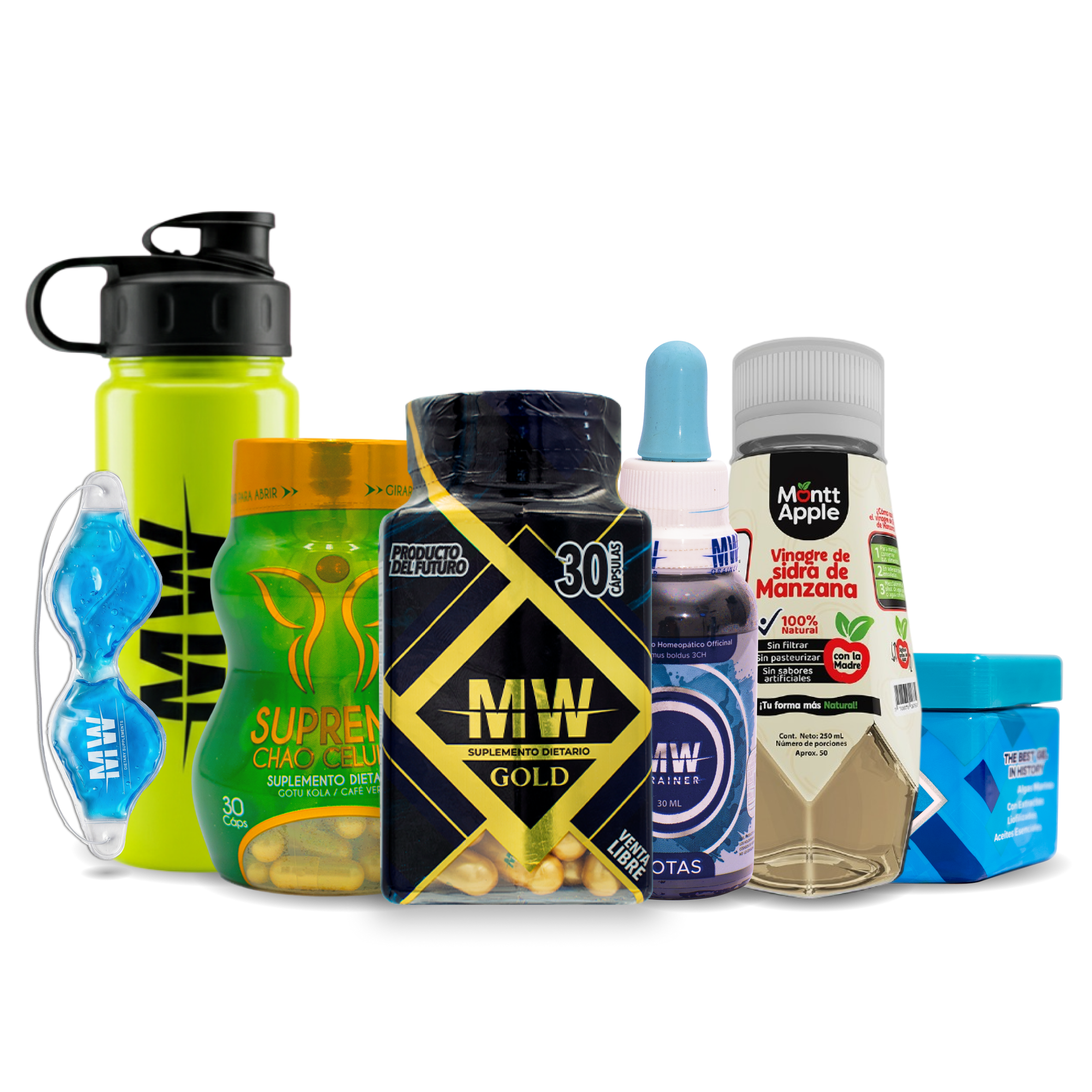 Mw Gold + Drenador + Gel Fria + Vinagre de Manzana + Chao Celulitis + Gafas + Termo