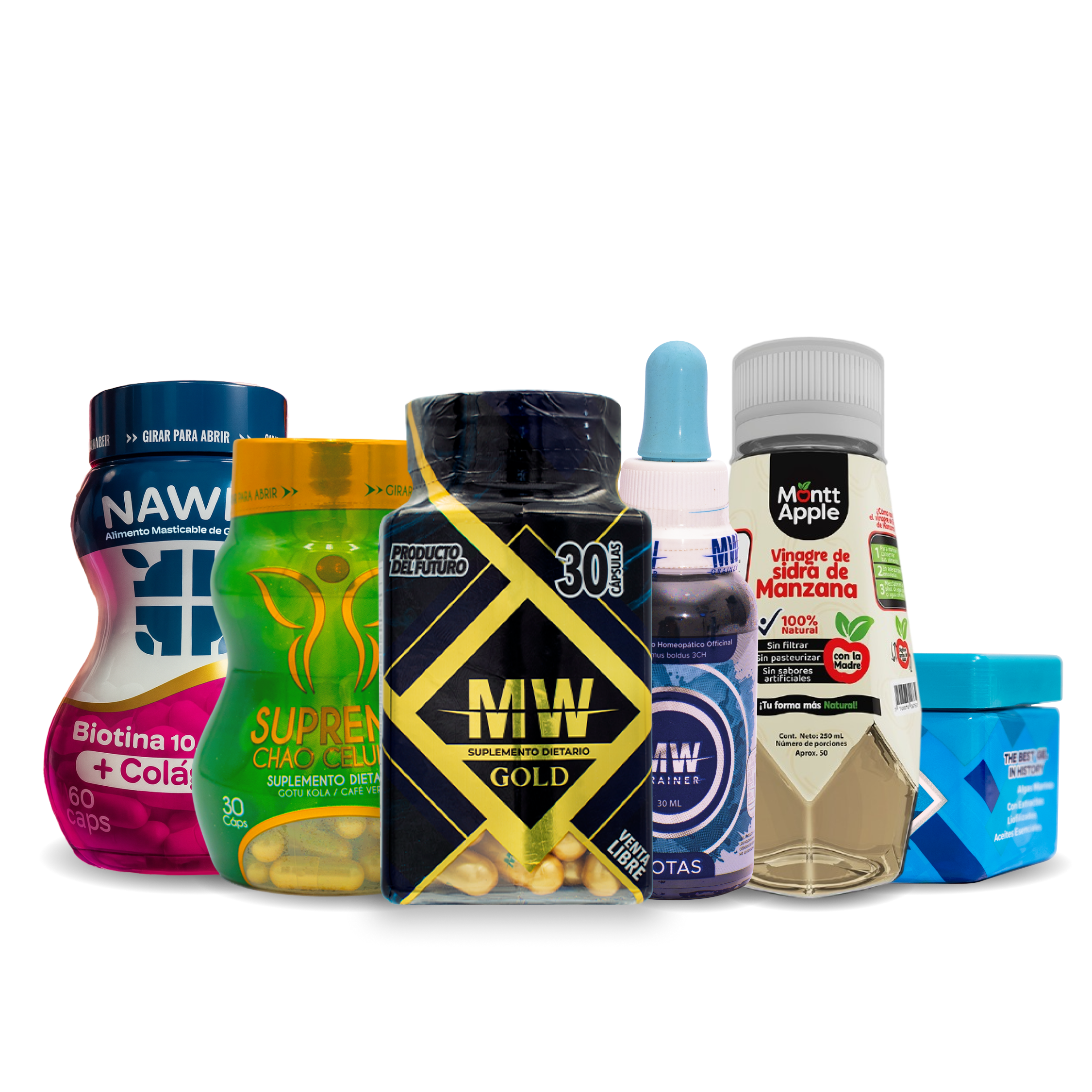 Mw Gold + Drenador + Gel Fria + Vinagre de Manzana + Chao Celulitis + Biotina y Colageno