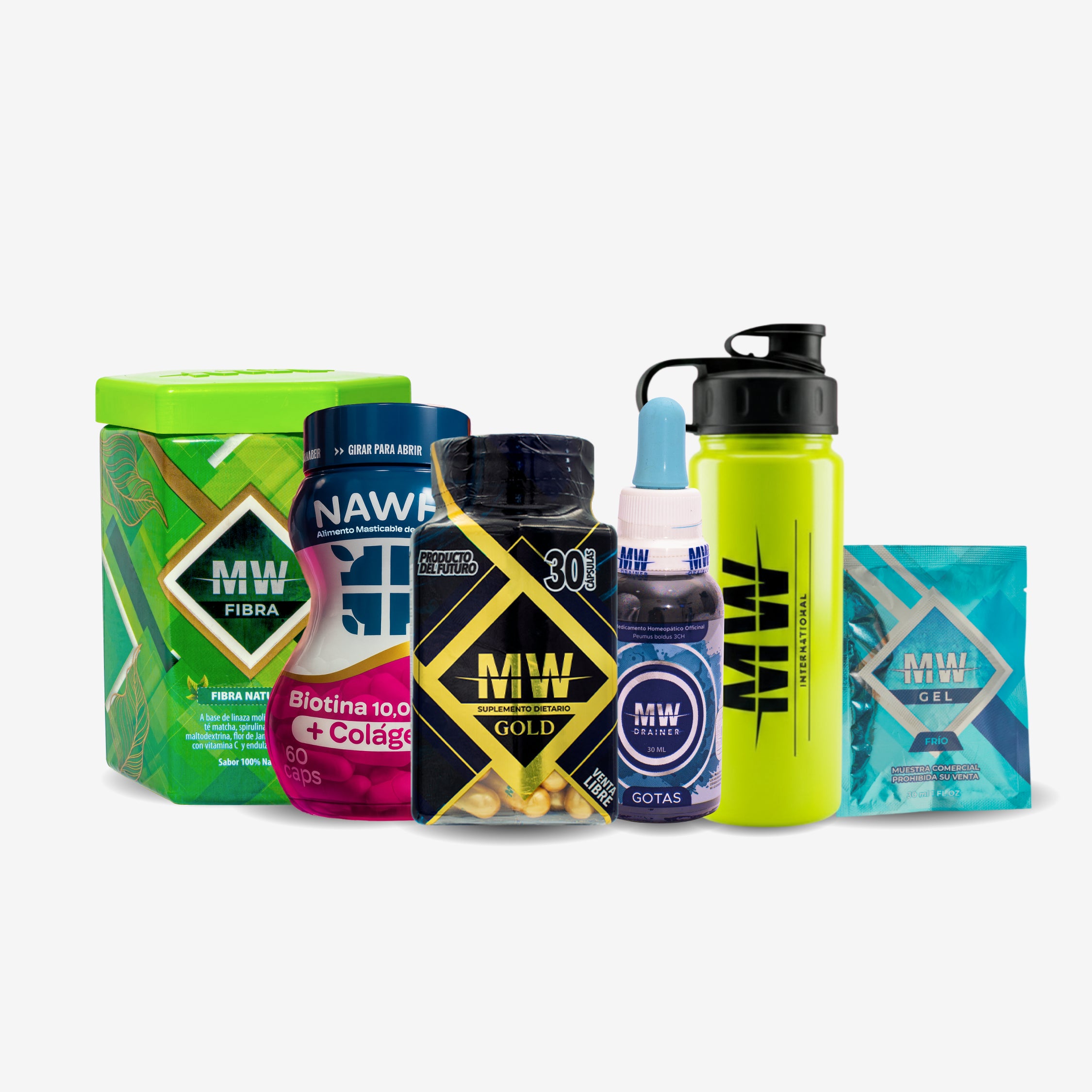 Mw Gold + Drenador + Fibra + Biotina y Colageno + Termo + Sachet Gel Fria