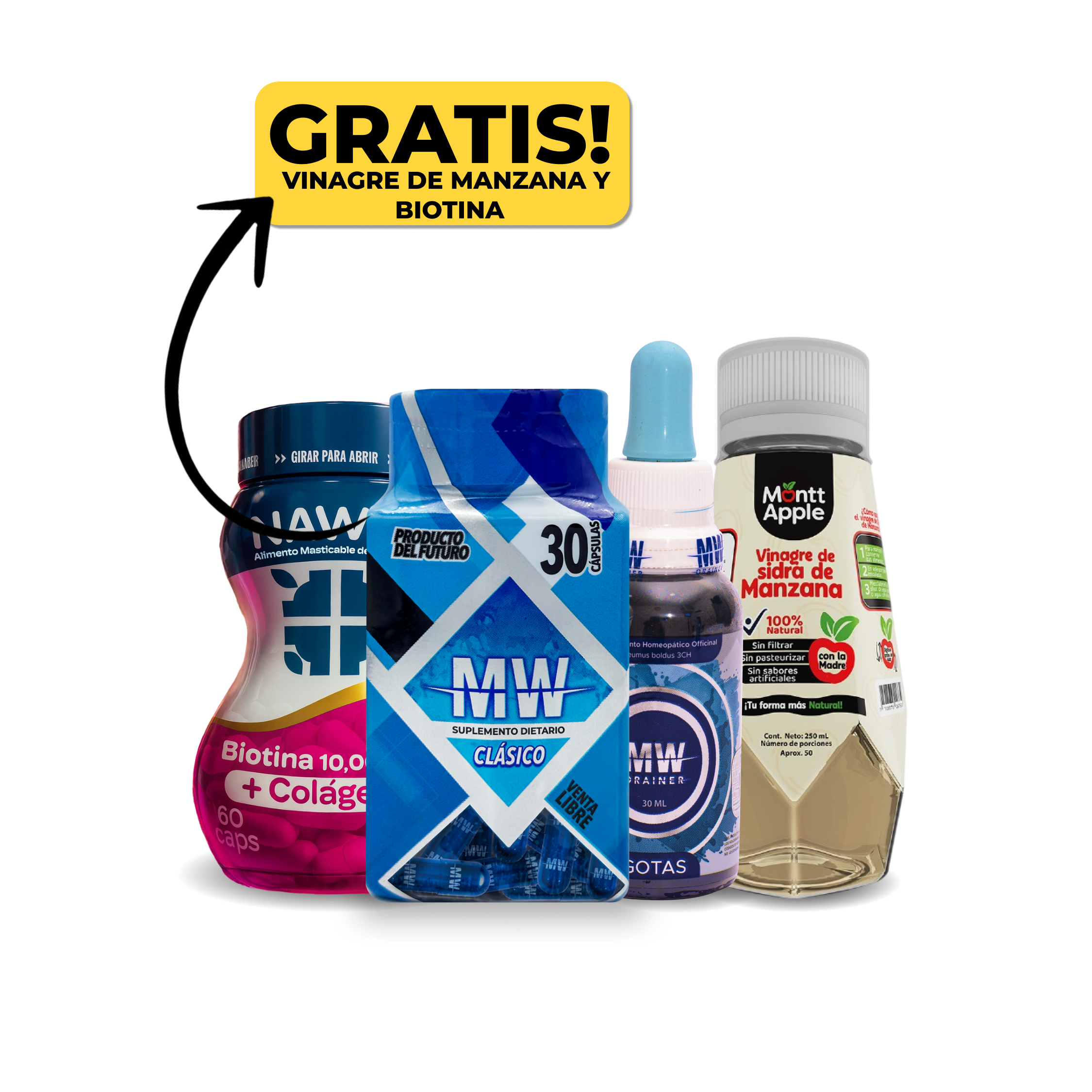 Mw Classic + Drenador Mw + Biotina y Colageno + Vinagre de Manzana