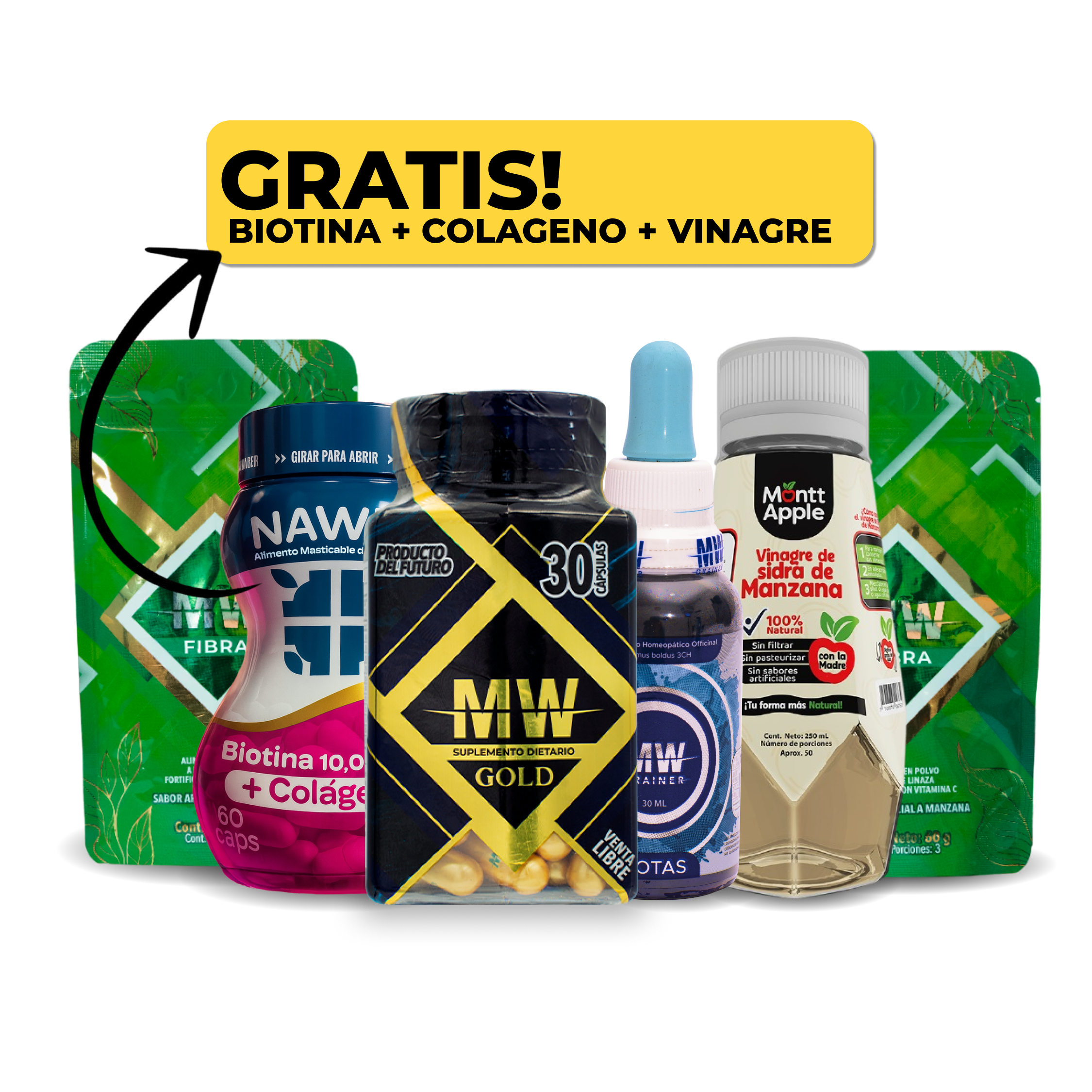 Mw Gold + Drenador + Biotina y Colageno + Vinagre de Manzana + 2 Sachets de Fibra