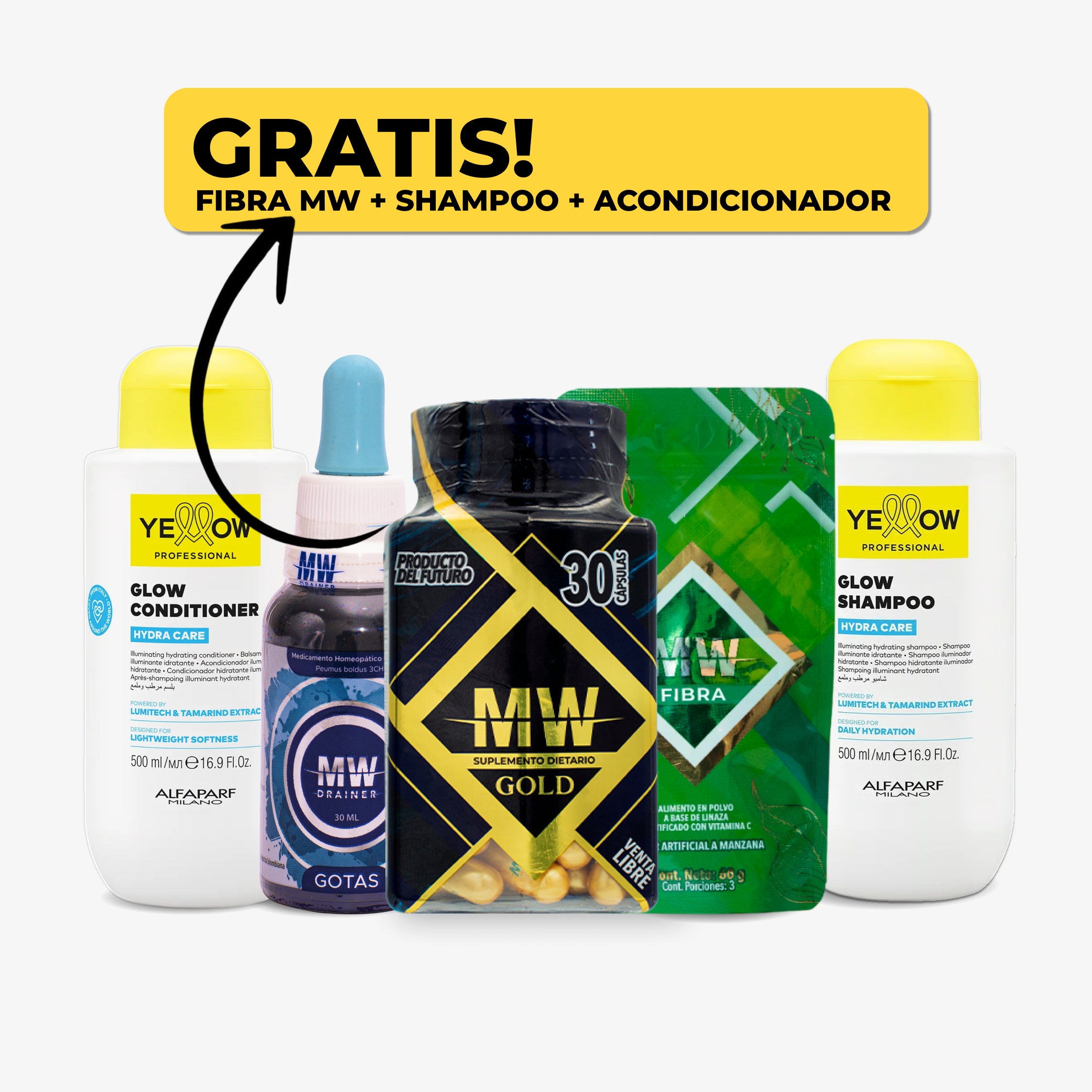 Mw Gold + Drenador + Yellow Shampoo y Acondicionador Hydra Care + Sachet de Fibra
