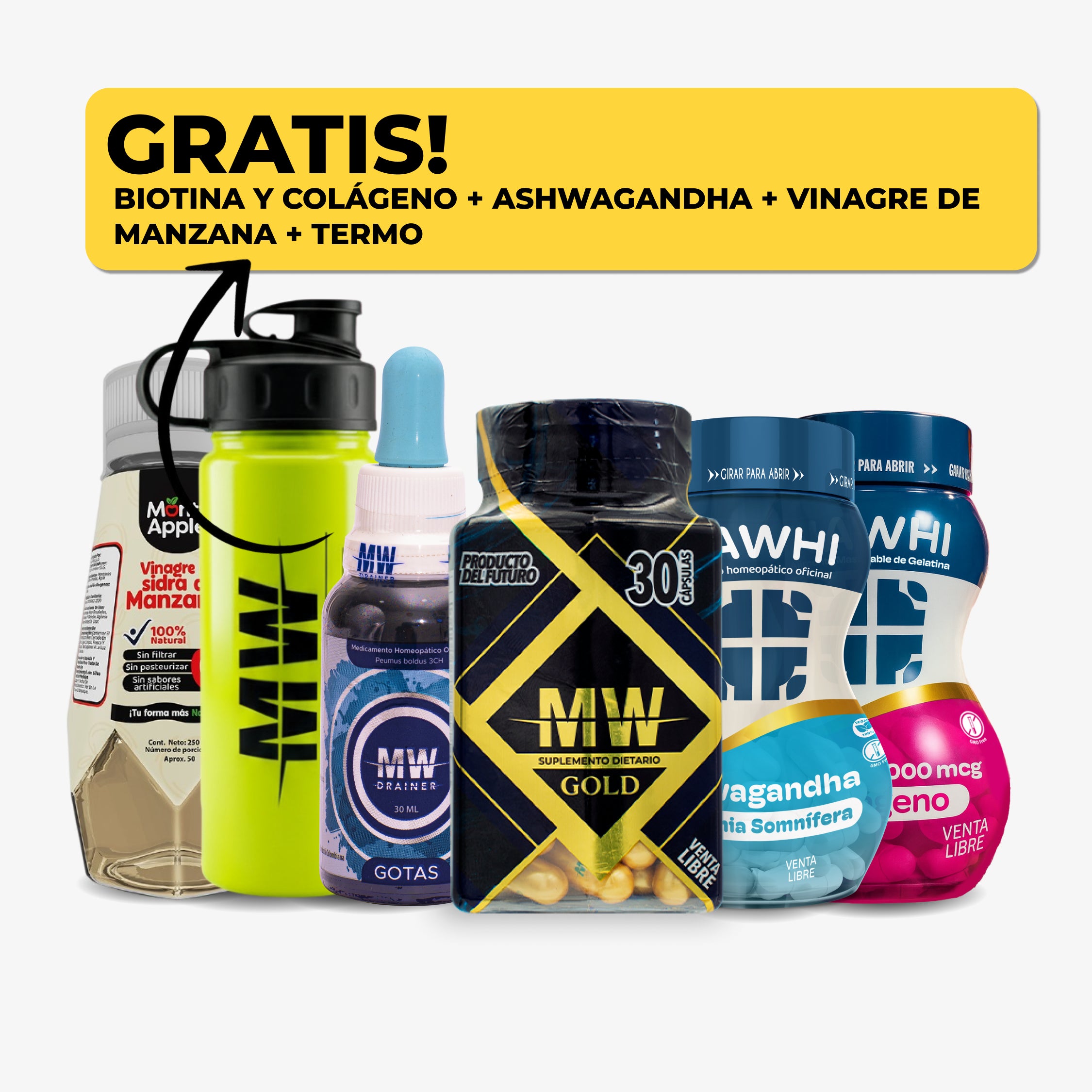 Mw Gold + Drenador + Ashwagandha + Biotina y Colageno + Vinagre de Manzana + Termo