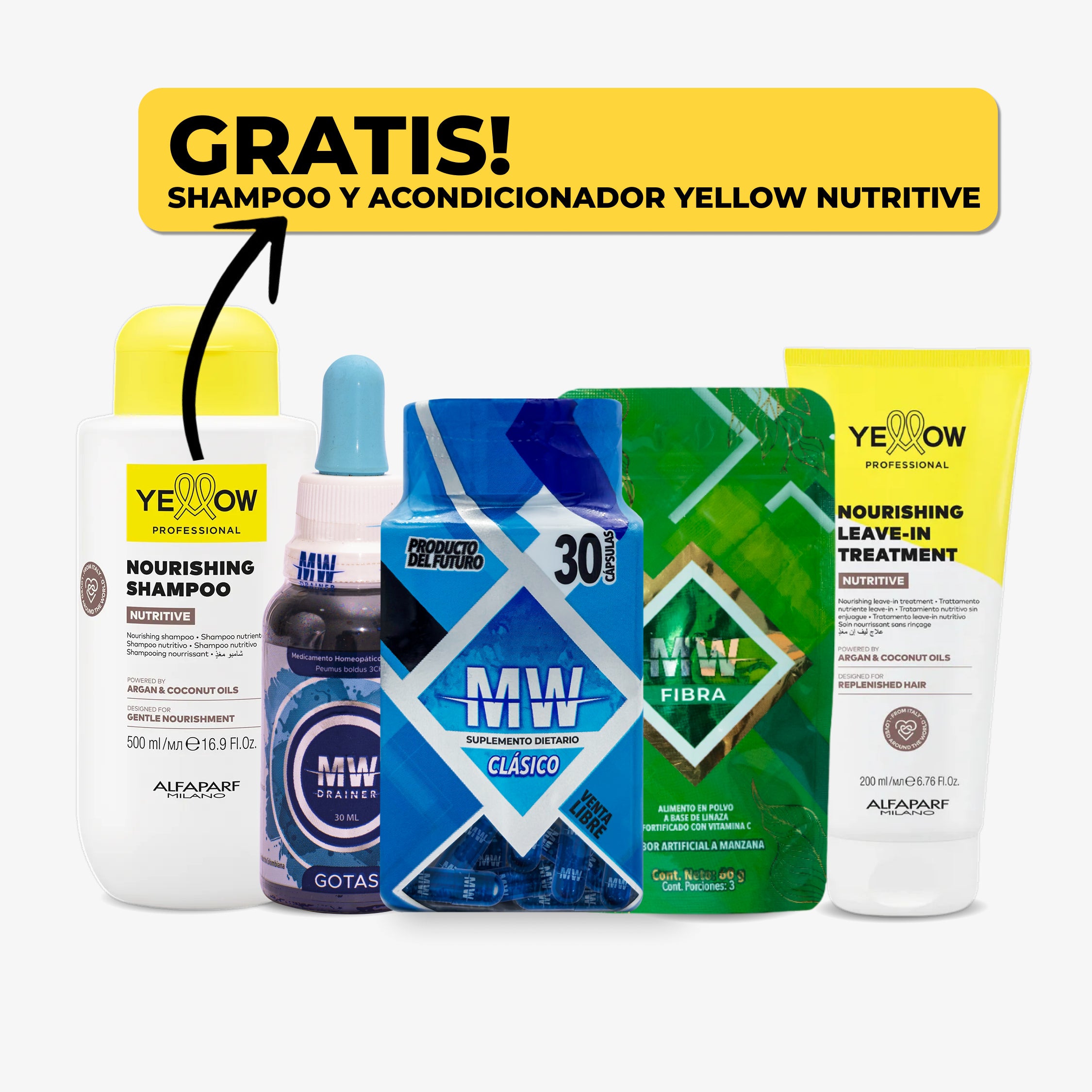 Mw Classic + Drenador + Sachet de Fibra + Shampoo y Acondicionador Yellow Nutritive