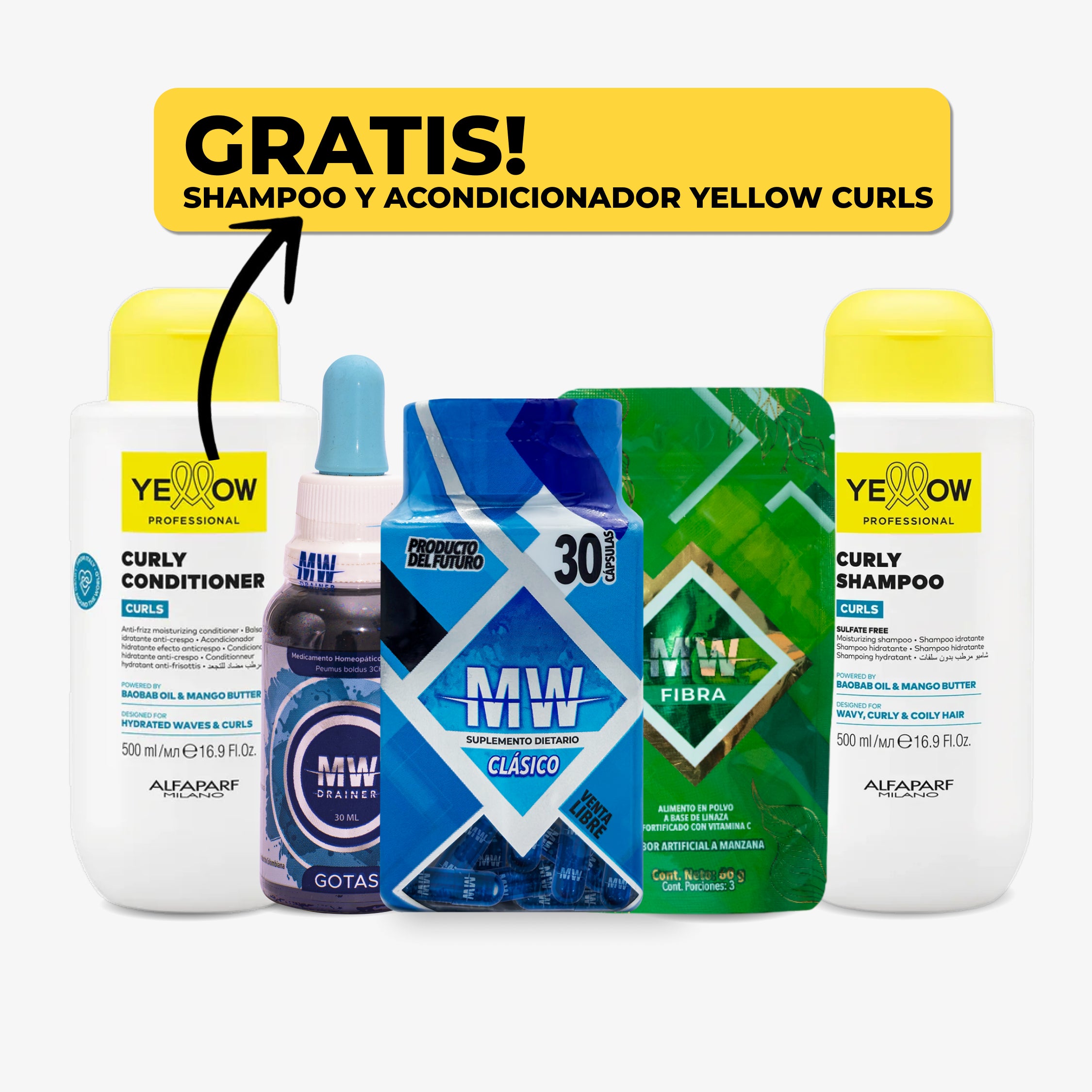Mw Classic + Drenador + Sachet de Fibra + Shampoo y Acondicionador Yellow Curls